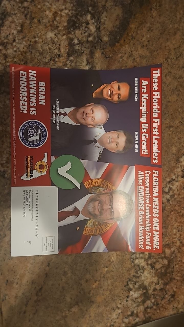 Brian Hawkins Florida First leaders campaign mailer